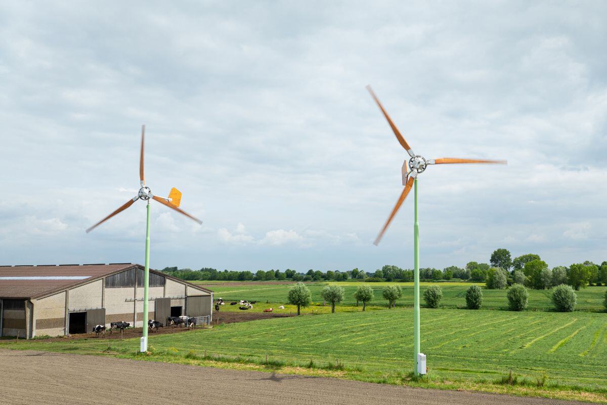 Twee kleine windmolens bij boerenbedrijf